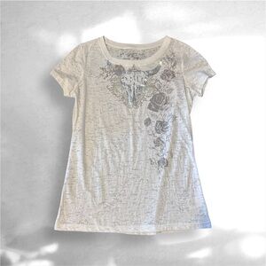 Y2K Prairie Rose White Embellished Burnout Graphic Tee Bull Skull Size M